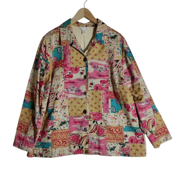 C J Banks Jackets & Blazers - C.J. Banks 1X Artsy Floral Patchwork Mosaic Button Up Jacket 100% Cotton